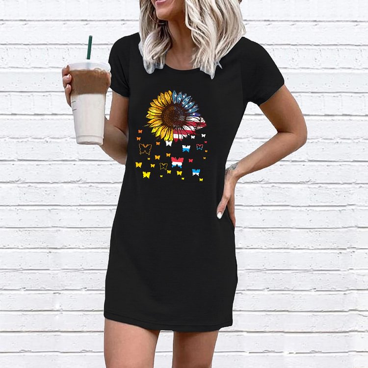 Casual Butterfly Sunflower Print Dress