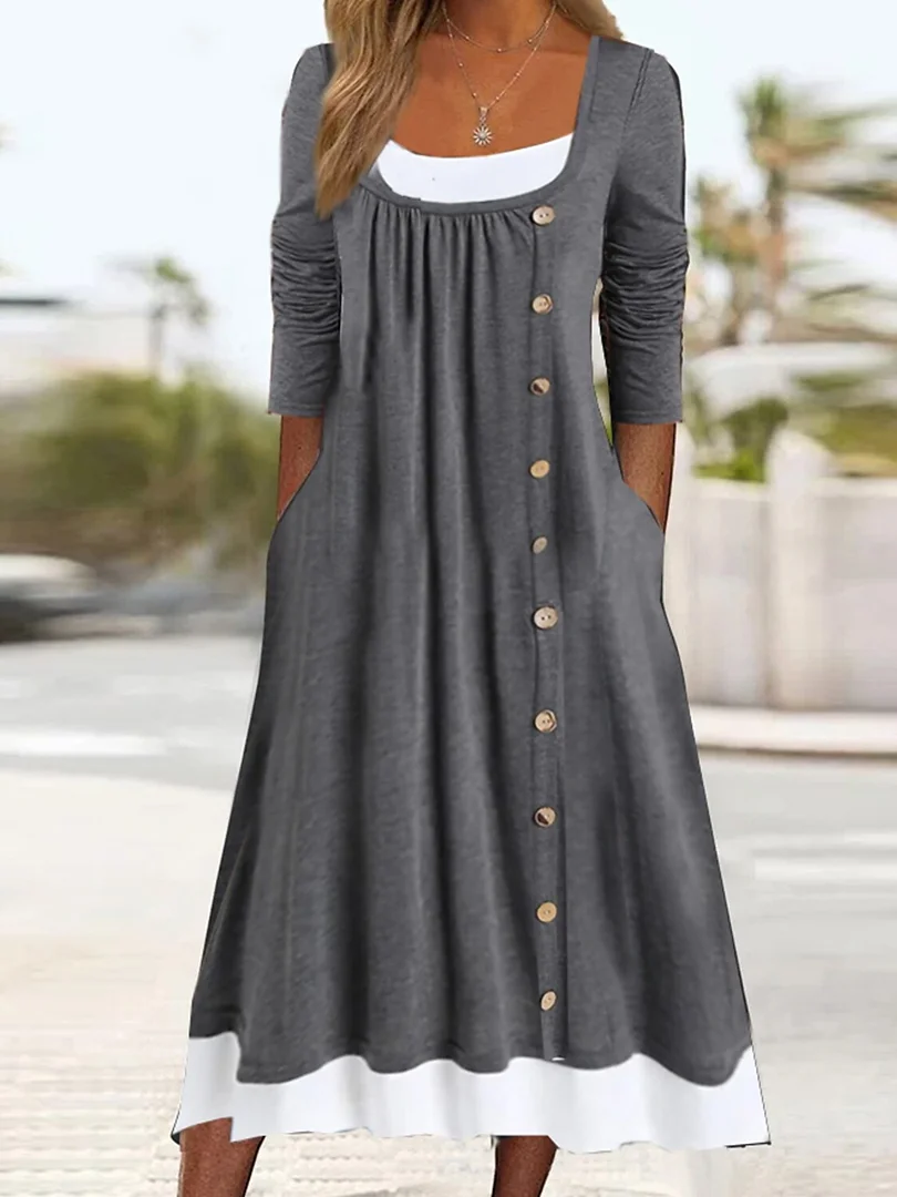 Women's Long Sleeve U-neck Button Midi Dress