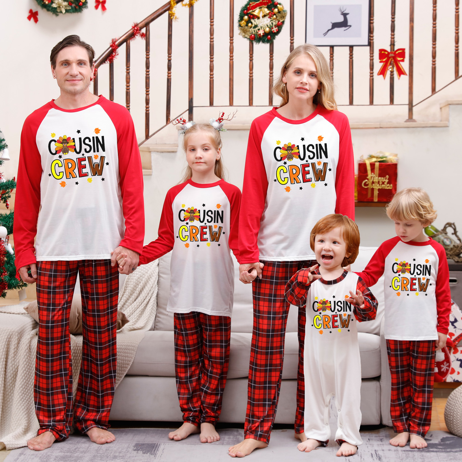 Cousin Crew Christmas Flower Red Plaid Family Matching Pajamas Sets