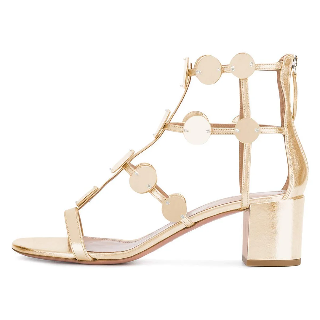 Gold Vegan Leather Open Toe Block Heel Hollow Out Sandals Nicepairs