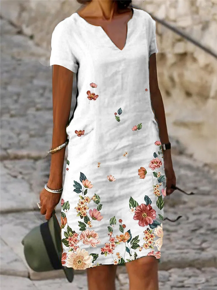 Plus Size Floral Printed Cotton and Linen Short Sleeve Midi V-neck Dress VangoghDress