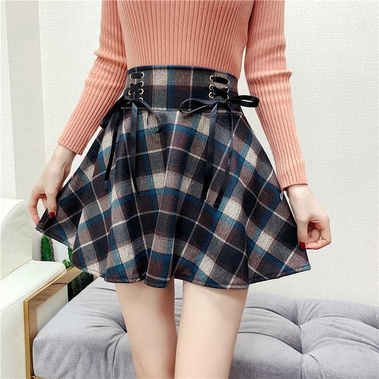 Red/Blue Retro Woolen Plaid Lace-up Skirt SP14507