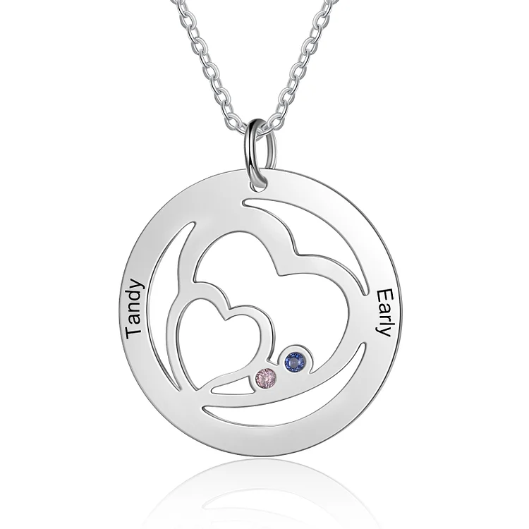 Heart Necklace Personalized 2 Names and Birthstones Mom Necklace for Family