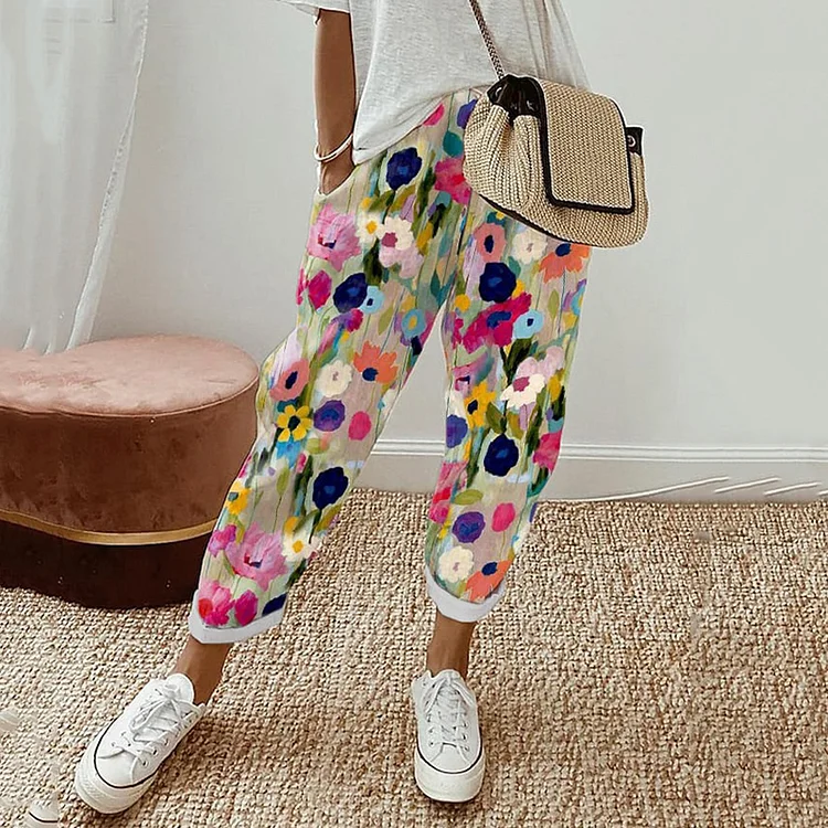Comstylish Floral Print Loose Casual Pants