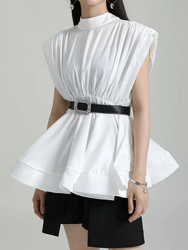 Cap Sleeve Belted Pleated Pure Color Stand Collar Blouses&Shirts Tops