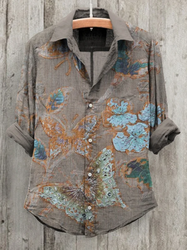 Women's Retro Butterfly Drawing Art Printed Long Sleeve Cotton And Linen Shirt