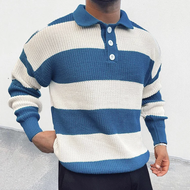 TIMSMEN Retro Striped Knitted Polo Collar Long-Sleeved Sweater        