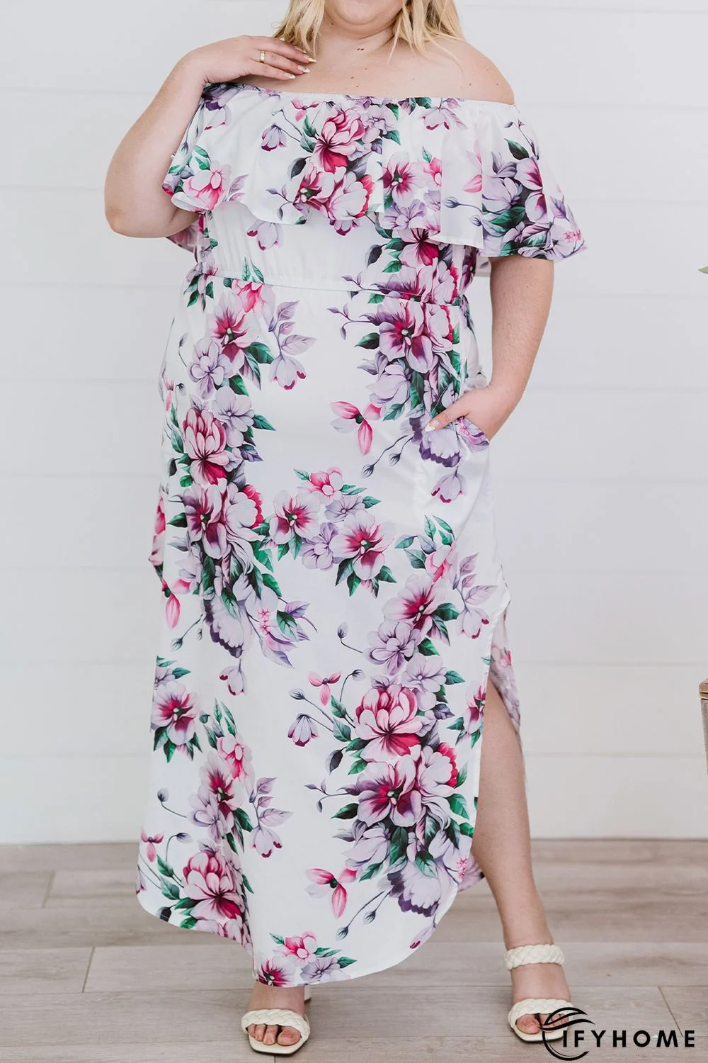 White Off The Shoulder Floral Plus size Maxi Dress | IFYHOME