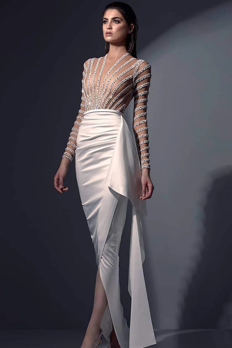 Elegant Sequin Patchwork Irregular Hem Maxi Dress-White