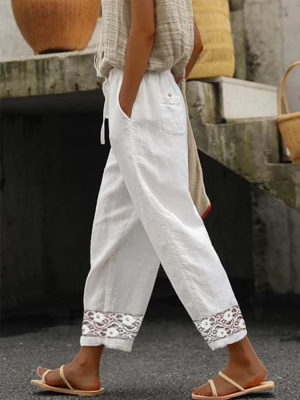 Women's Casual Lace Hollow Cotton And Linen Trousers Pants