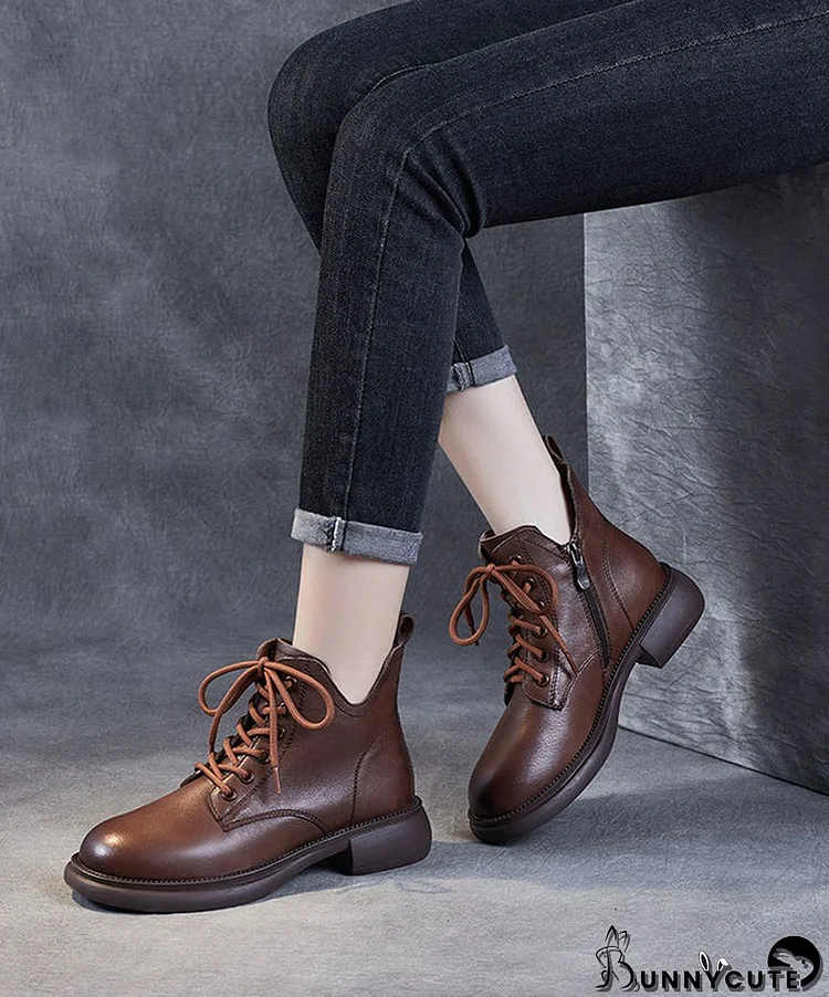 Women Brown Lace Up Chunky Boots Cowhide Leather Ankle boots