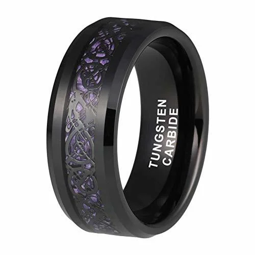 Women Or Men's Tungsten Carbide Wedding Band Rings,Celtic Dragon Knot Wedding Band Ring Black with Purple and Black Resin Inlay Celtic Dragon Knot,Tungsten Carbide Ring With Mens And Womens For 4MM 6MM 8MM 10MM