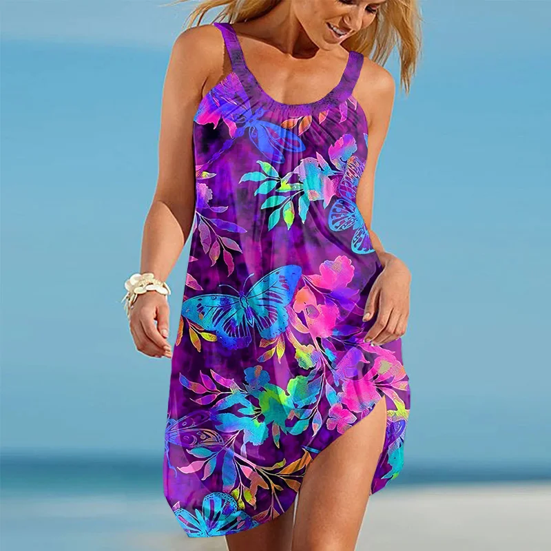 Purple Butterfies Floral Pattern Ladies Beach Dress