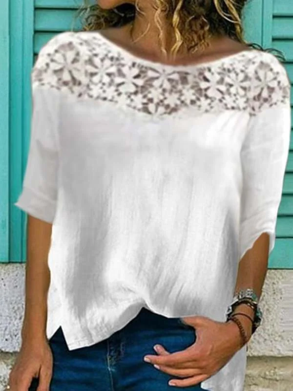 Cotton Linen Lace Turtleneck Shirt Tops