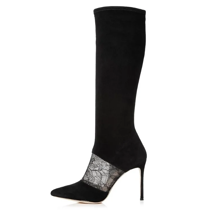 Black Floral Stiletto Mid-Calf Boots Vdcoo