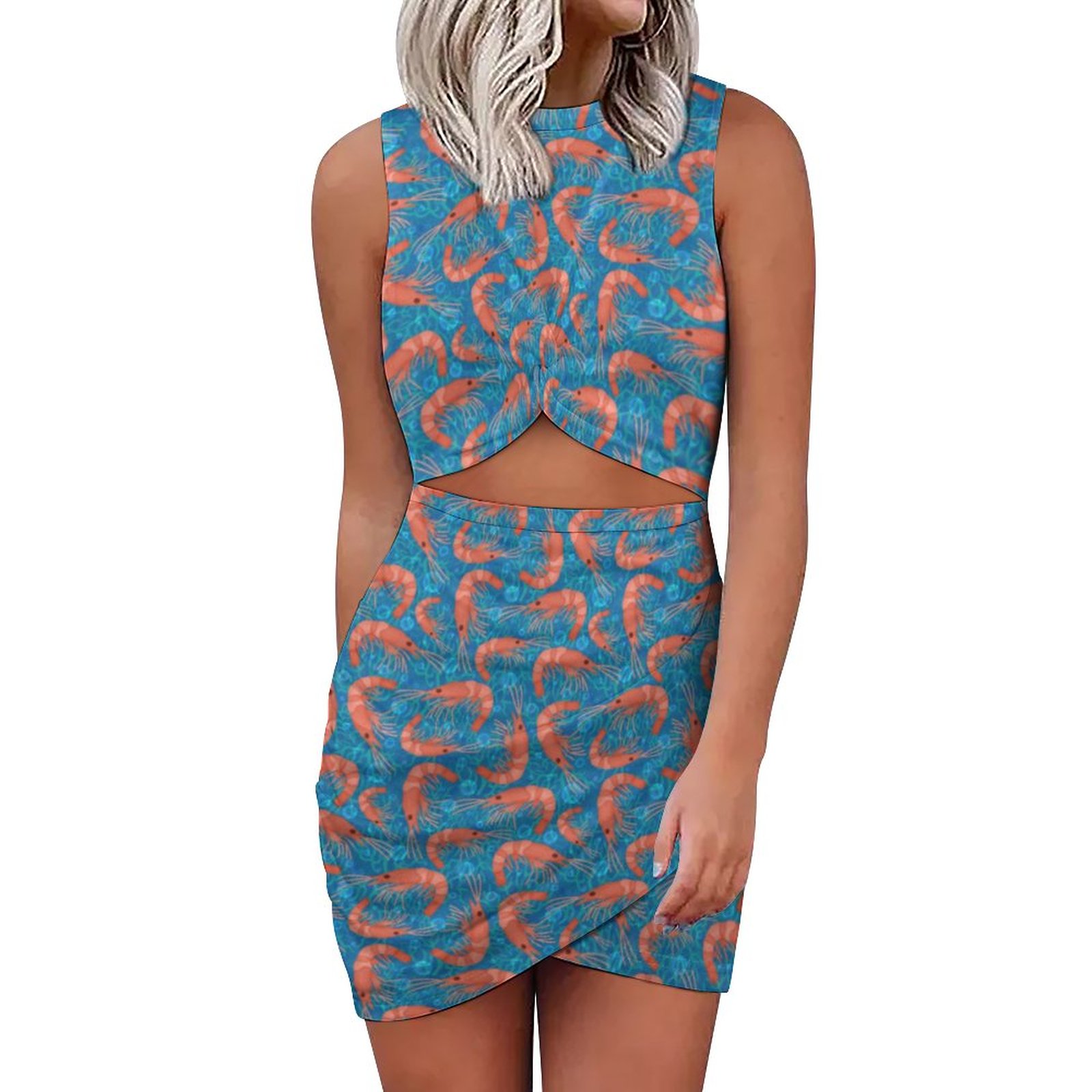 nautical bodycon dress Shrimp Prawns Coral Sea Bubbles Nautical Ocean Women's Sexy Cutout Twist  Front Bodycon Dress Sleeveless Slim Fit Wrap Hem Mini Tank Dress
