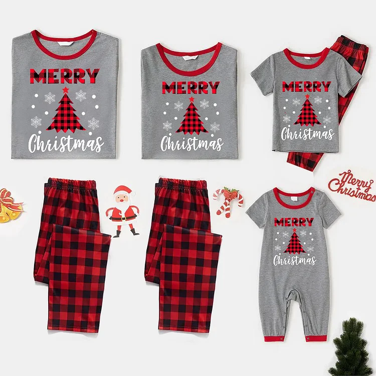 Merry Christmas Red Plaids Short Sleeve Family Matching Pajamas Sets