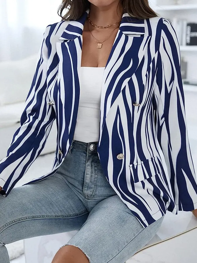 Casual Zebra Patterned Double Breasted Lapel Commuting Blazer