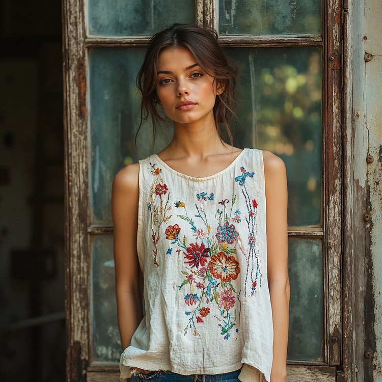 Vintage Flowers Embroidery Art Linen Sleeveless Top