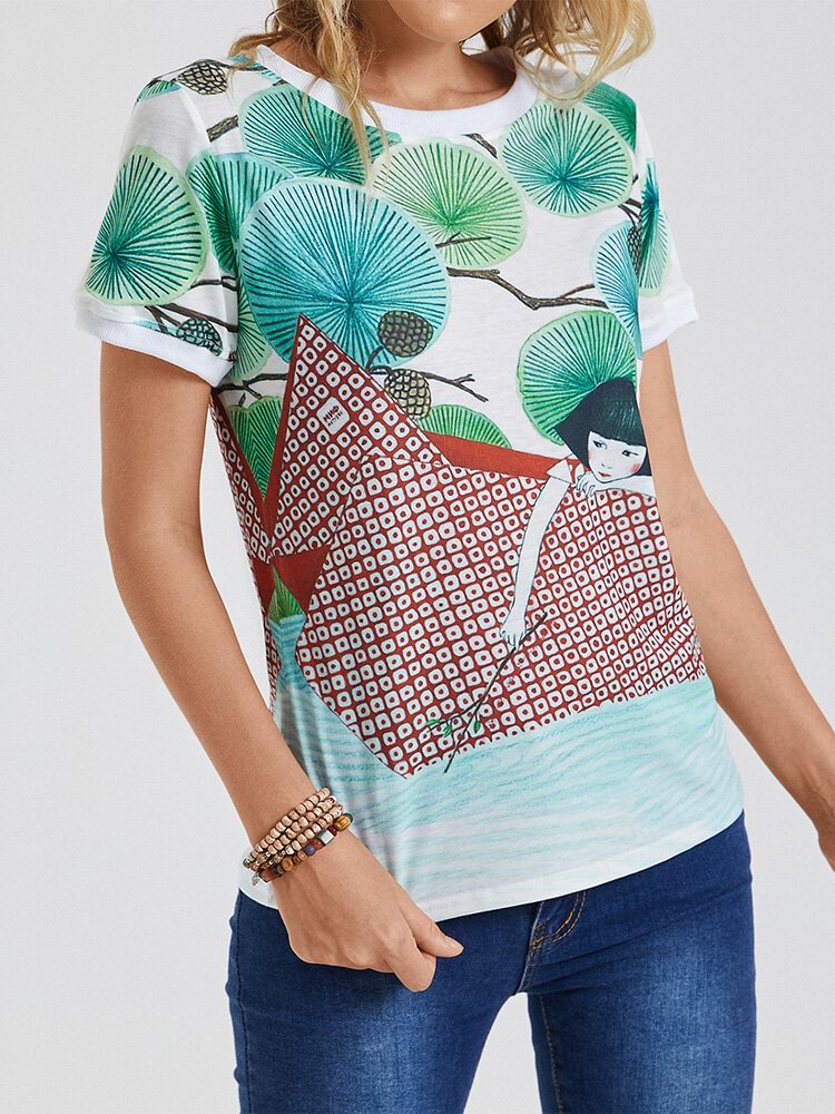 Cartoon Landscape Prints Short Sleeve O neck Casual T Shirt For Women P1838072