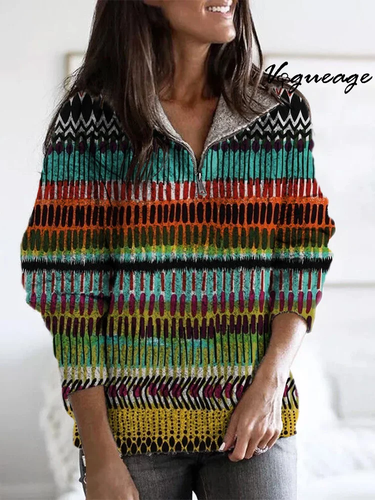 Dark And Comfortable Multi-Color Horizontal Stripes Zippered Long-Sleeved Sweater