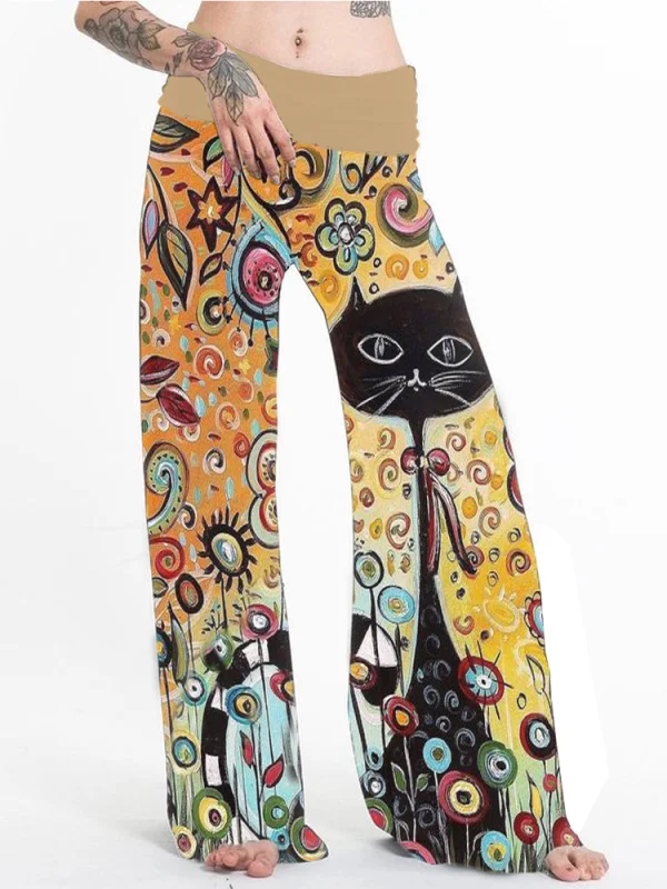 Casual women's versatile straight tube printed wide leg pants
