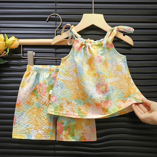 【12M-6Y】2-piece Girls Cute Fruit And Floral Print Hanging Neck Top And Shorts Set