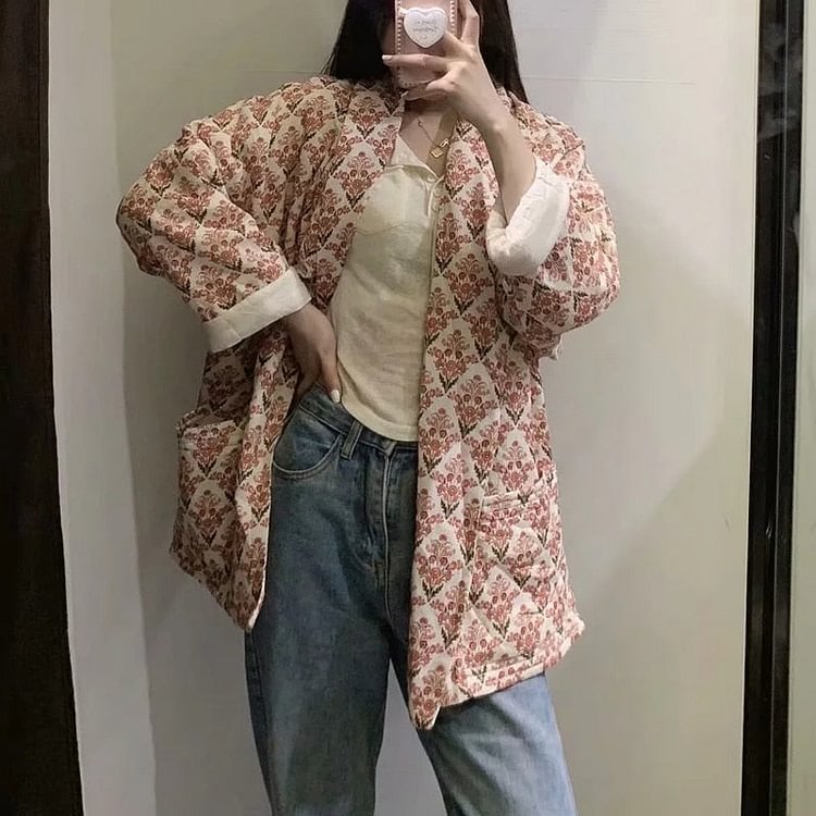 New Woman Autumn Winter Print Quilting Jacket Coats Long Sleeve Pocket Female Casual Coat - BlackFridayBuys