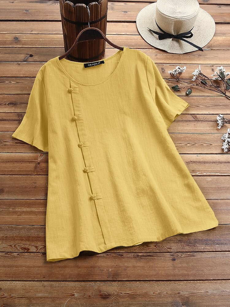 Solid Color Frog Button Short Sleeve T shirt For Women P1668609
