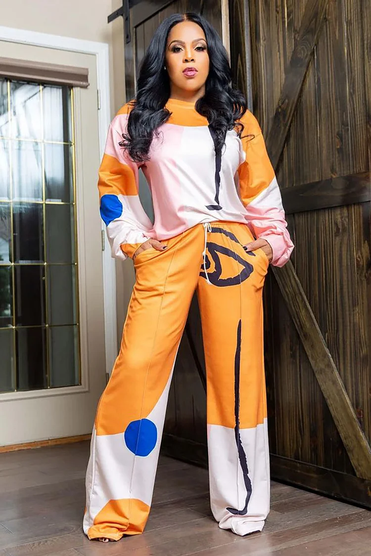 Colorblock Print Round Neck Long Sleeve Sweatshirt Tie Up Pants Matching Set