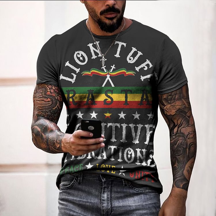 Reggae Alphabet Print Casual Short Sleeve T-Shirt