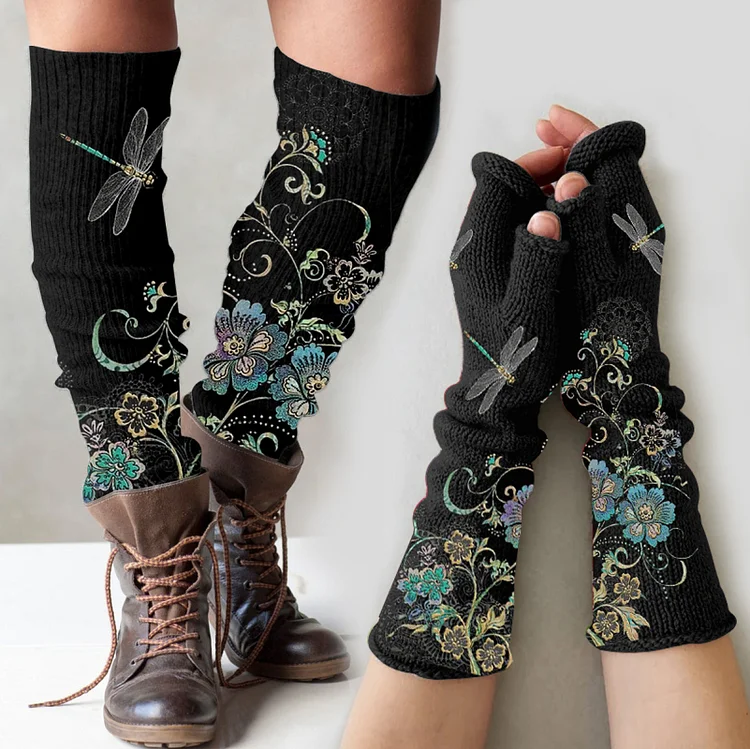 Vintage dragonfly floral print knitted leg warmers + fingerless gloves set