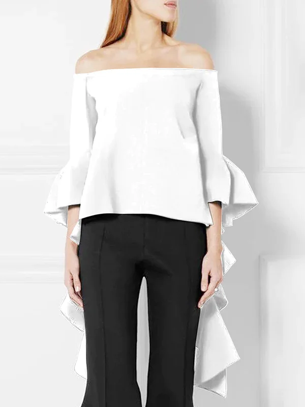 Falbala Pure Color Irregularity Roomy Off-The-Shoulder Blouses&Shirts Tops