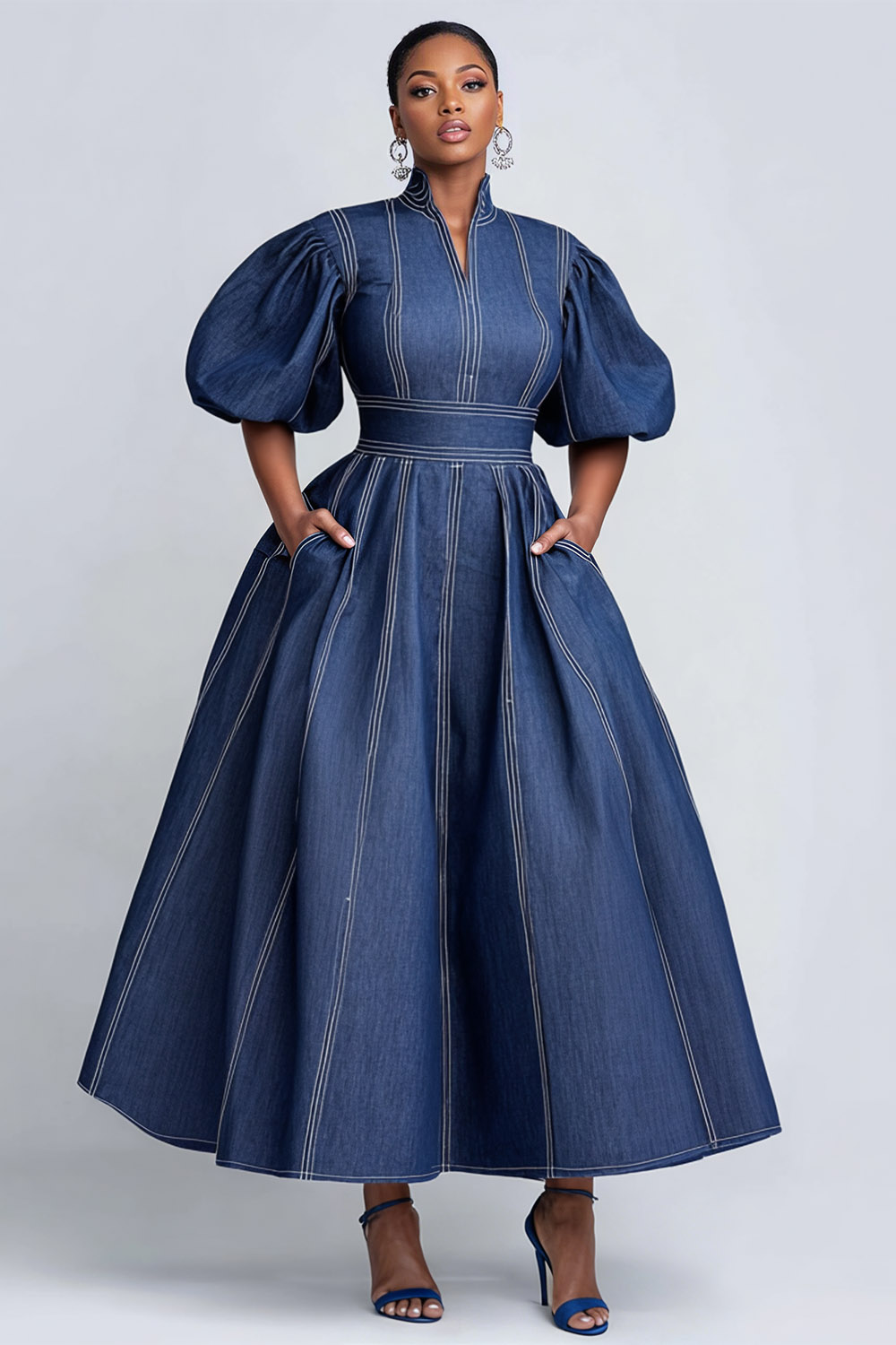 Xpluswear Design Plus Size Business Casual Blue Mock Neck Puff Sleeve Short Sleeve Pocket Elegant Tencel Denim Midi Dresses Blue-2XL/18-20