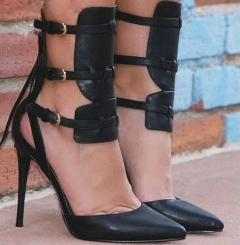 VCSHOES Women Ankle Buckles Tassel Zip Ankle Boots Pointed Toe Stiletto High Heel Instep Cut Out Female Party Dress Bottines