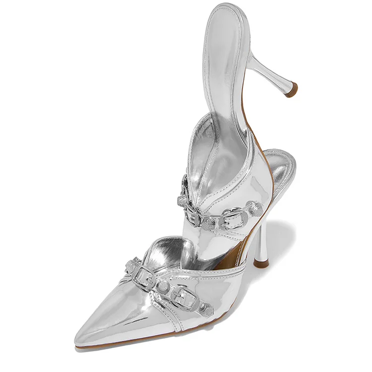 Metallic Silver Pointed Toe Stiletto Heels Party Mule Shoes for Women |FSJ Shoes