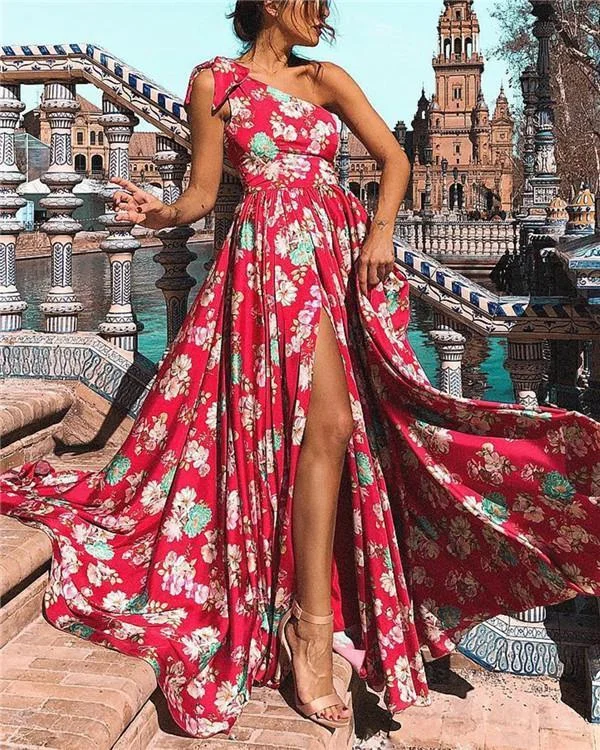 One Shoulder Sleeveless Women Summer Floral Maxi Dress