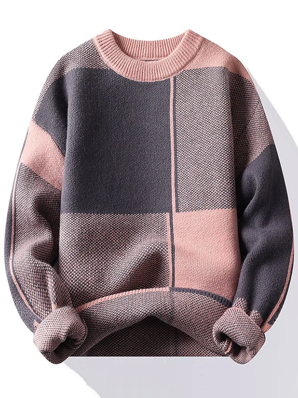 Men's Casual Plaid Color Block Round Neck Loose Knit Sweatshirt