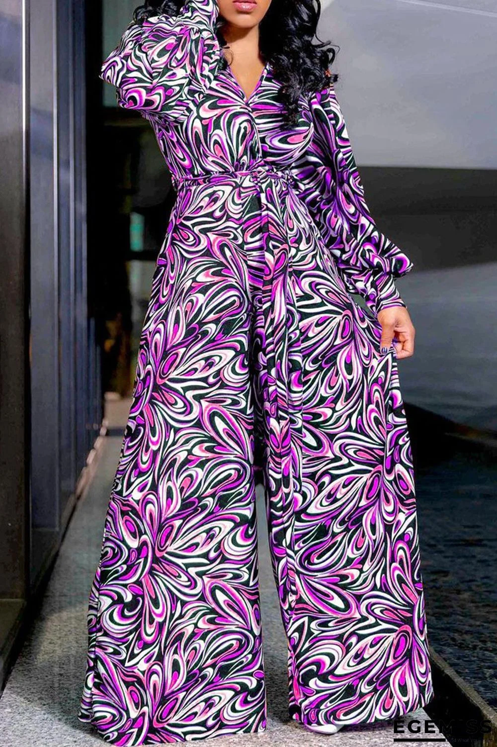 Purple Fashion Casual Print Bandage V Neck Regular Jumpsuits | EGEMISS