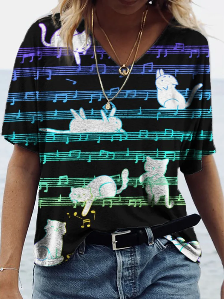 Artwishers Cat On Note V Neck Short Sleeve T Shirt socialshop