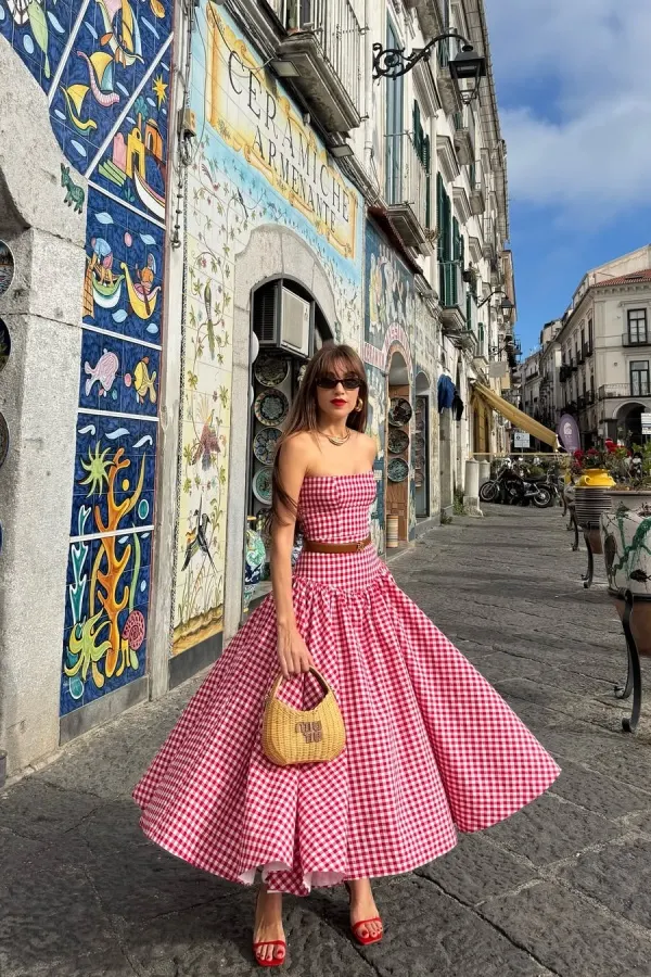 plaid prom dress Stylish Straight Across Sleeveless Red And White Plaid Prom Dress With Belt  YK0139