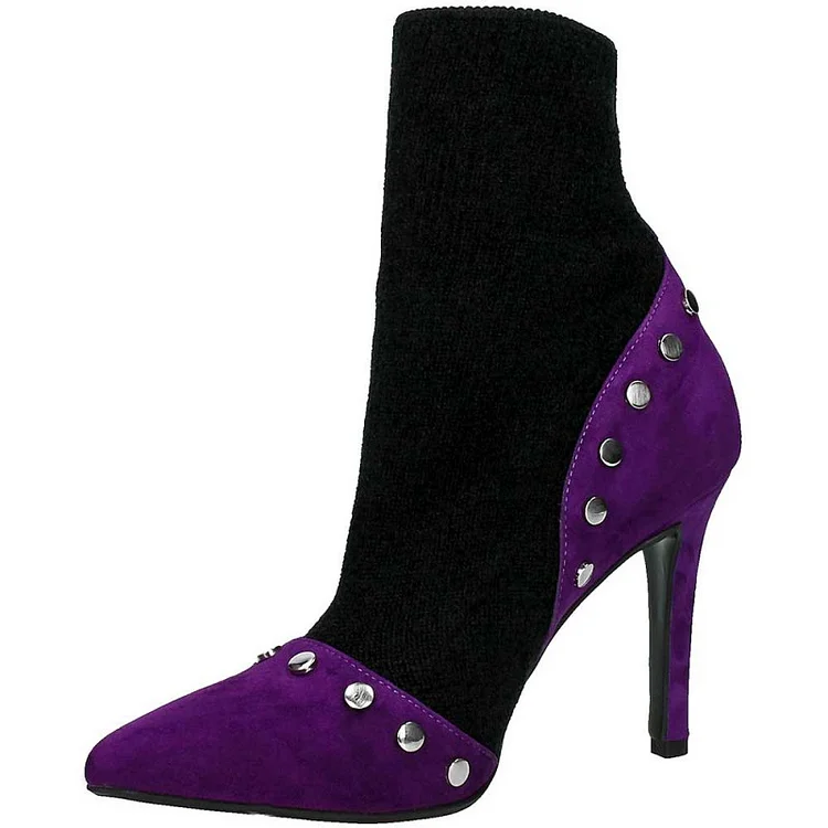 Purple and Black Sock Boots Studs Stiletto Heels Ankle Boots |FSJ Shoes