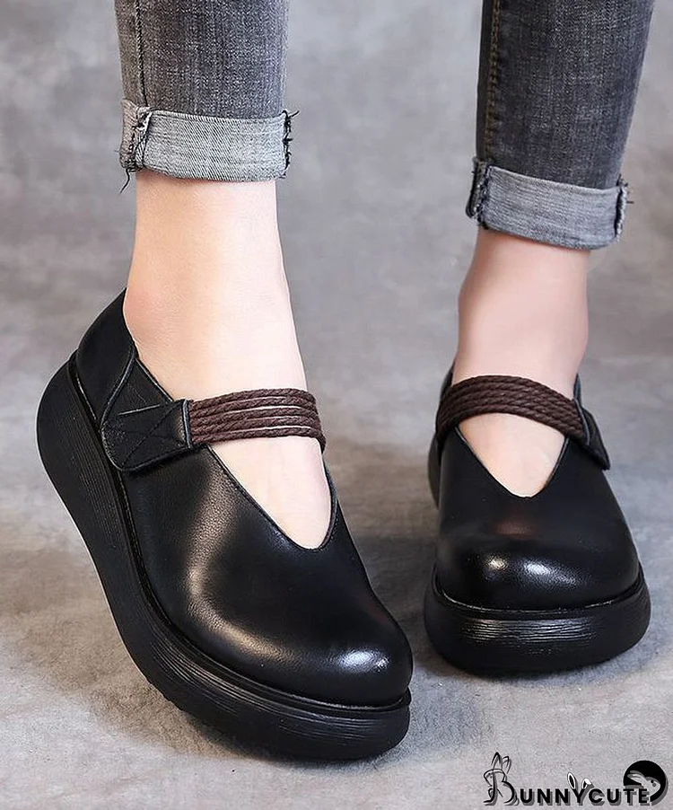 Women Buckle Strap High Wedge Heels Shoes Black Cowhide Leather