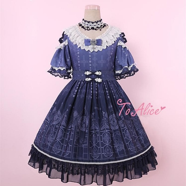 Light Blue/Navy Blue Lolita Church Window Lace Dress SP179787