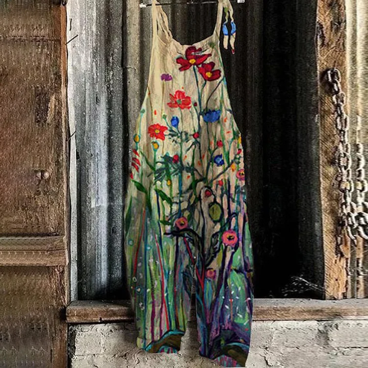 Flower Oil Painting Casual Suspender Jumpsuit