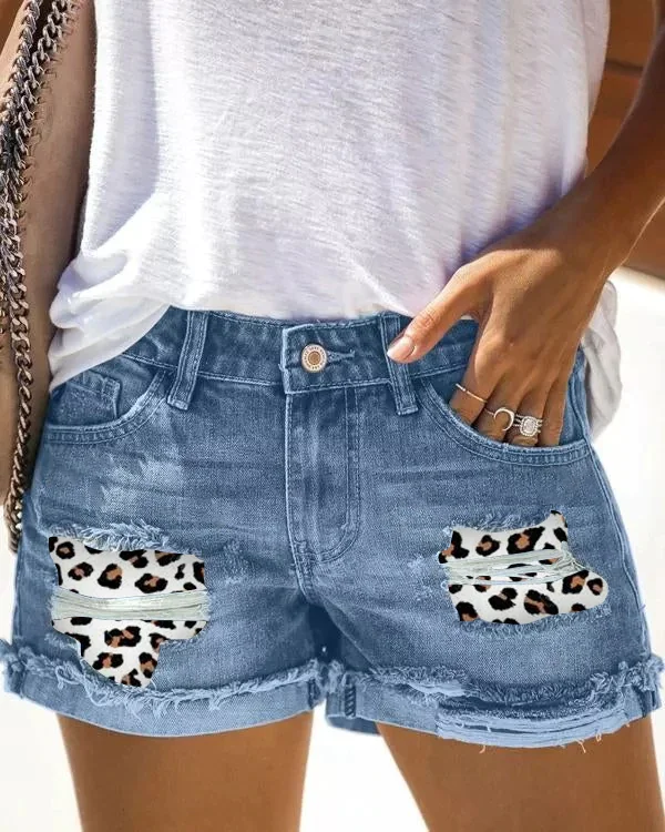 Leopard Patchwork Denim Shorts