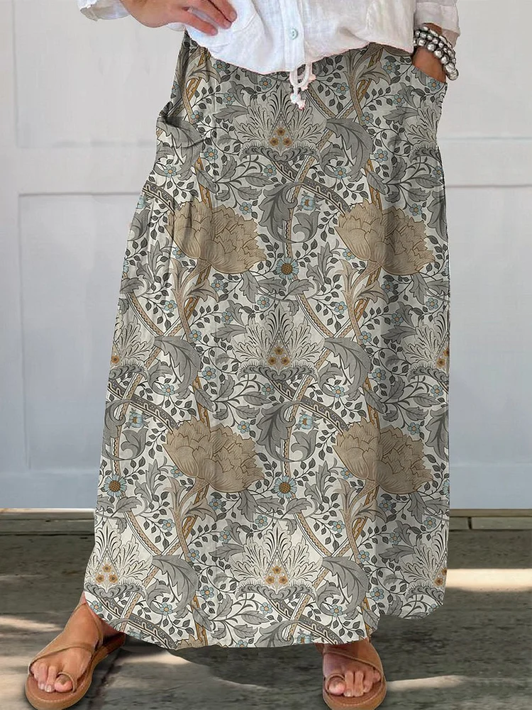 Women's Floral Art Nouveau Linen Pocket Skirt
