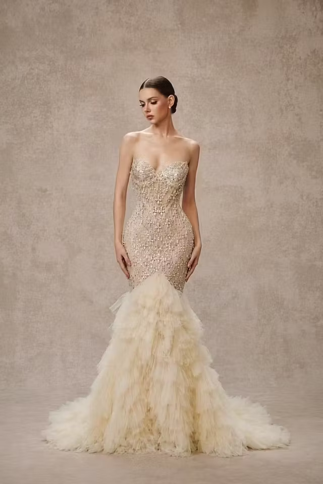 Lussooy Stunning Sweetheart Beaded Sleeveless Pleated Ruffles Mermaid Prom Dress