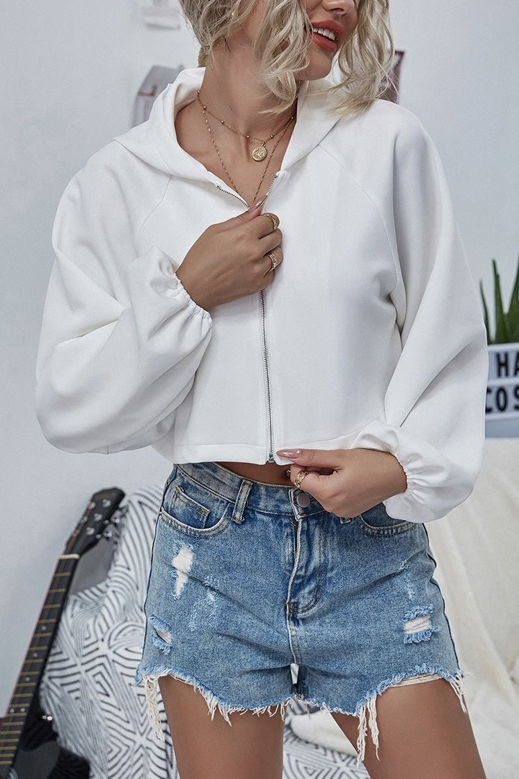 White Zip Up Crop Hoodie - Life is Beautiful for You - SheChoic