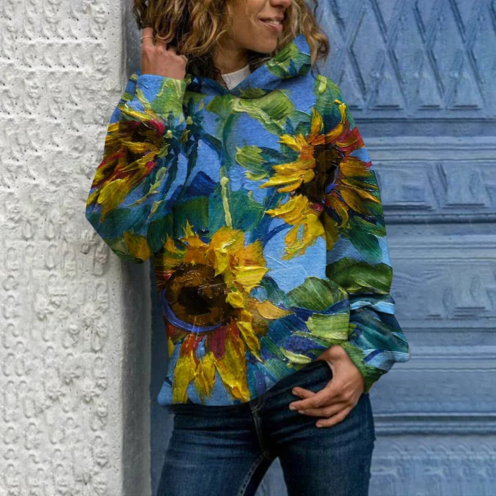 Vefave Oil Painting Sunflower Long Sleeve Hoodie